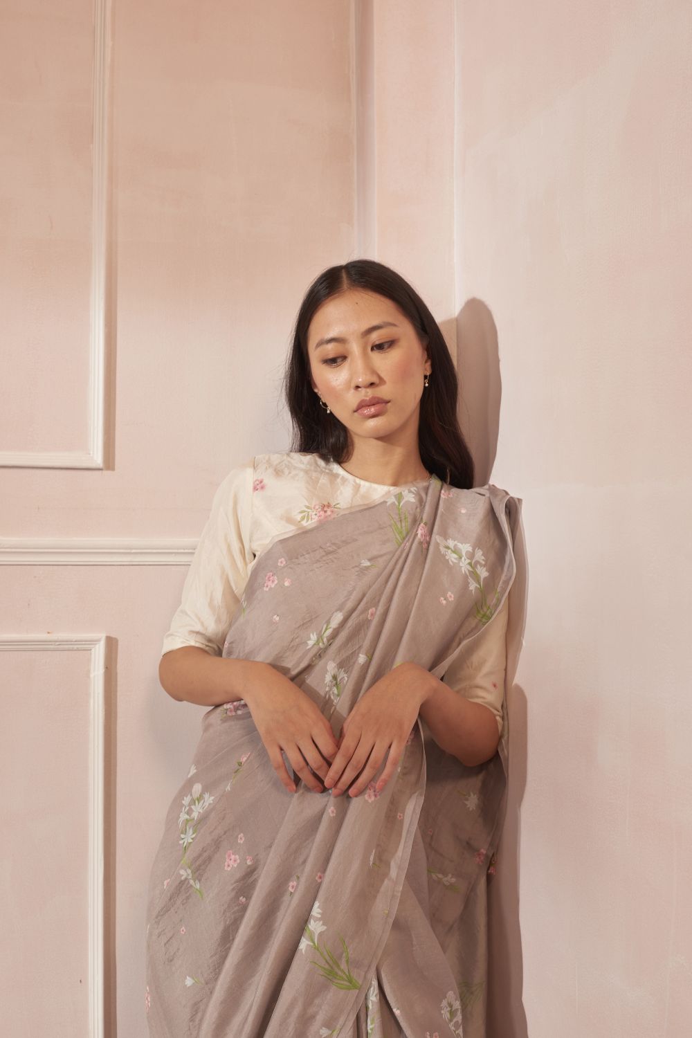 Parijaat and Periwinkle Mulberry Silk Sari