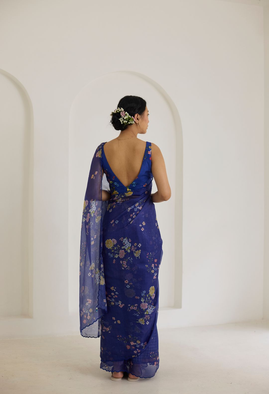 Royal Blue Bouquet Kota Doria Silk Sari