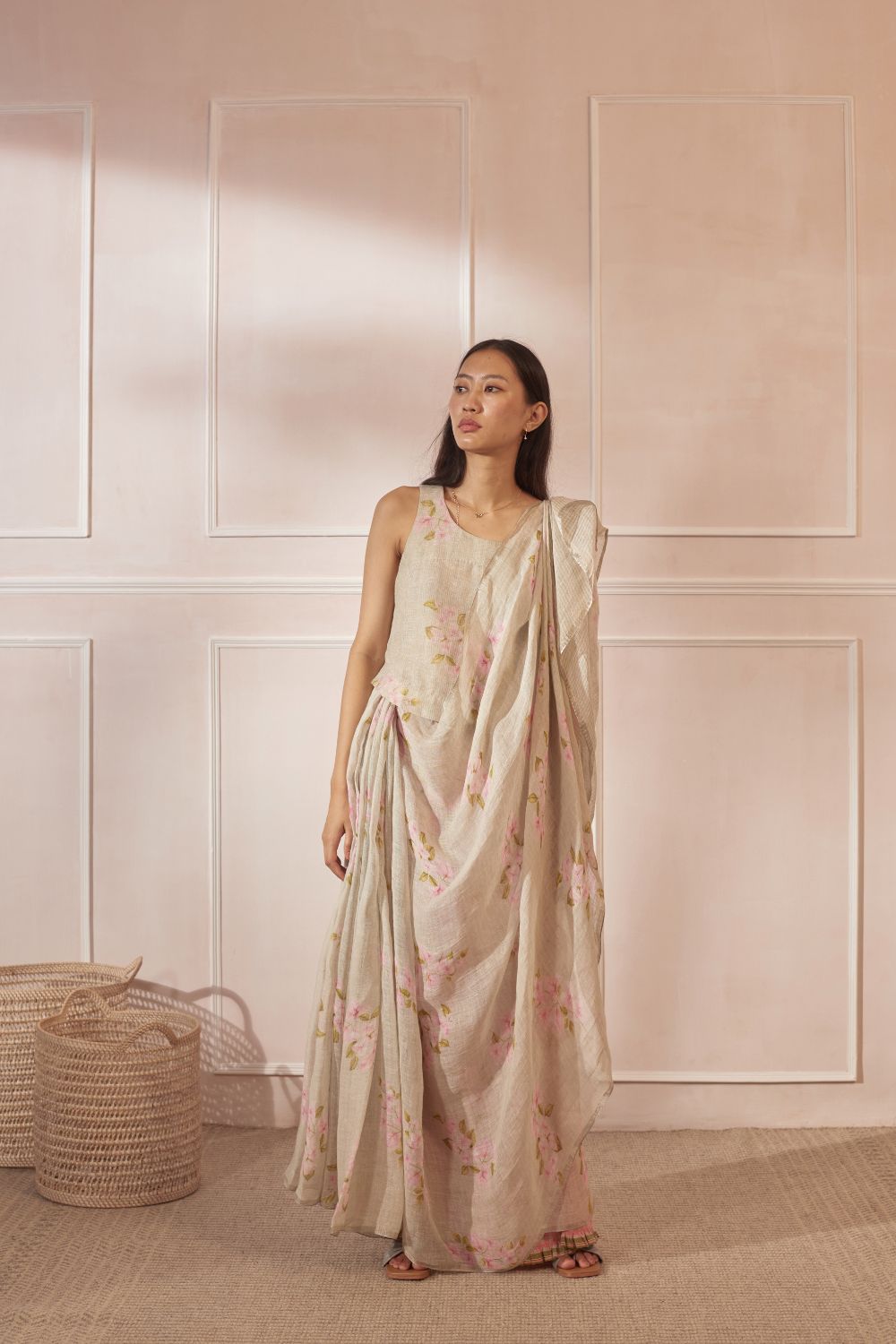 Bougainvillea Warm  Green Linen Sari
