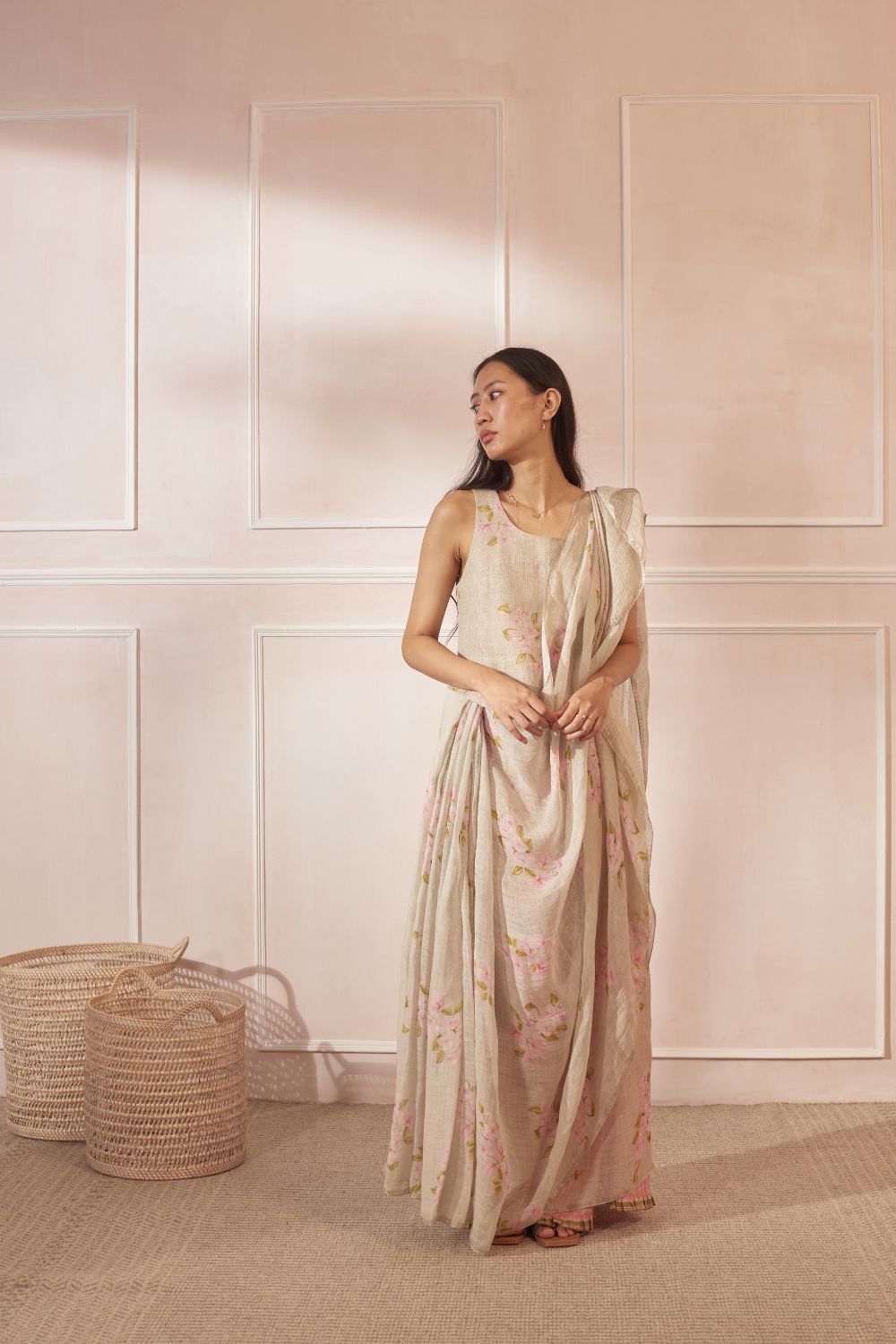 Bougainvillea Warm Green Linen Sari