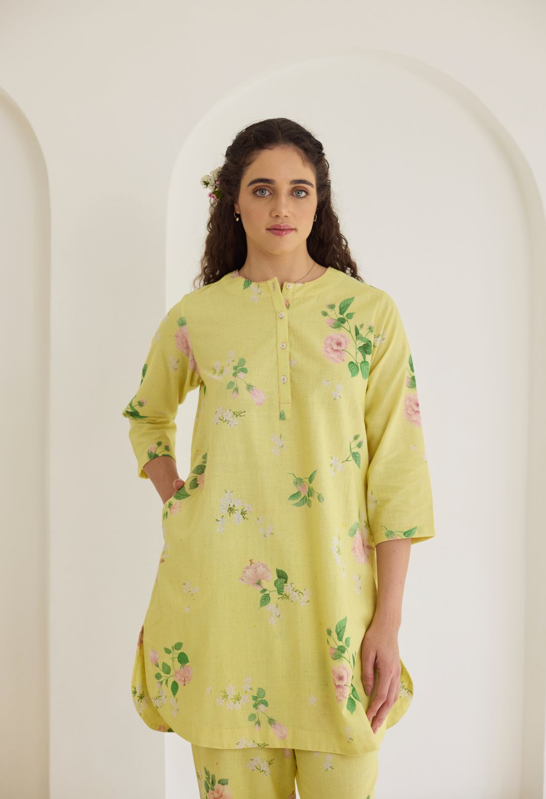 Yellow Hibiscus Short Kurta Set