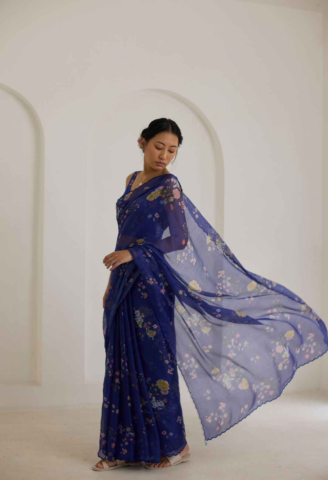Royal Blue Bouquet Kota Doria Silk Sari