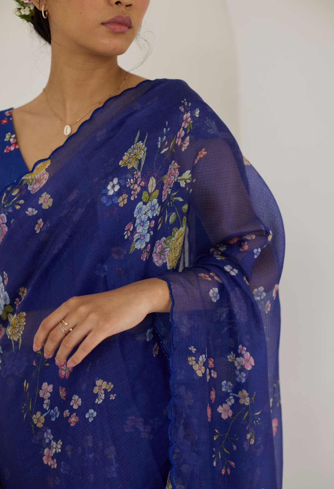 Royal Blue Bouquet Kota Doria Silk Sari