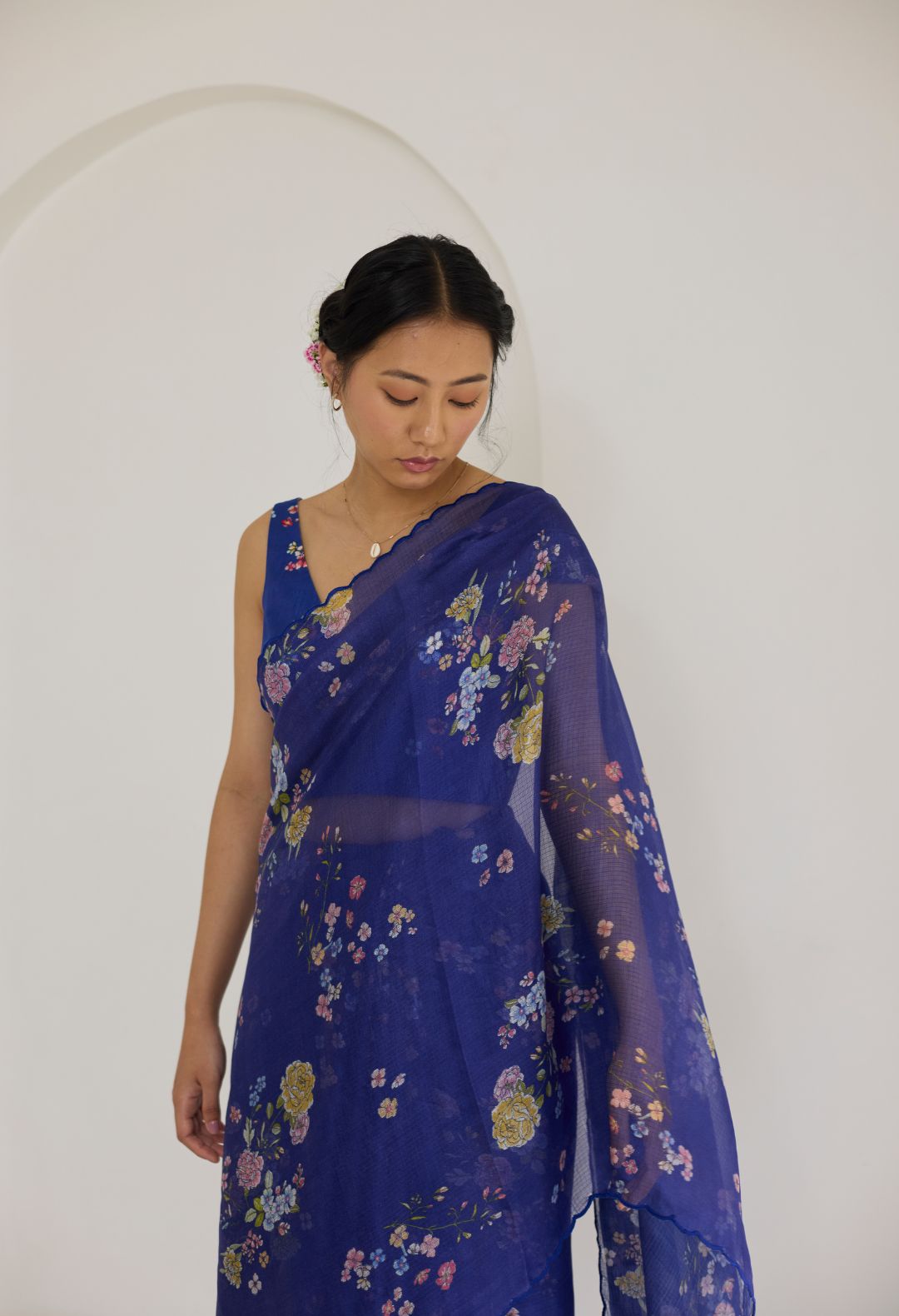 Royal Blue Bouquet Kota Doria Silk Sari