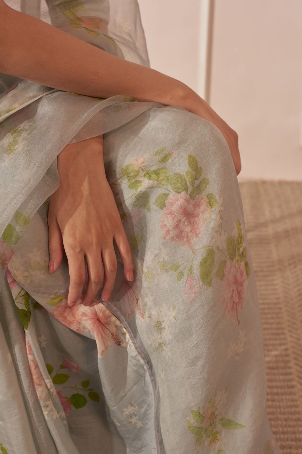 Half Mulberry Silk Half Organza Hibiscus Sari