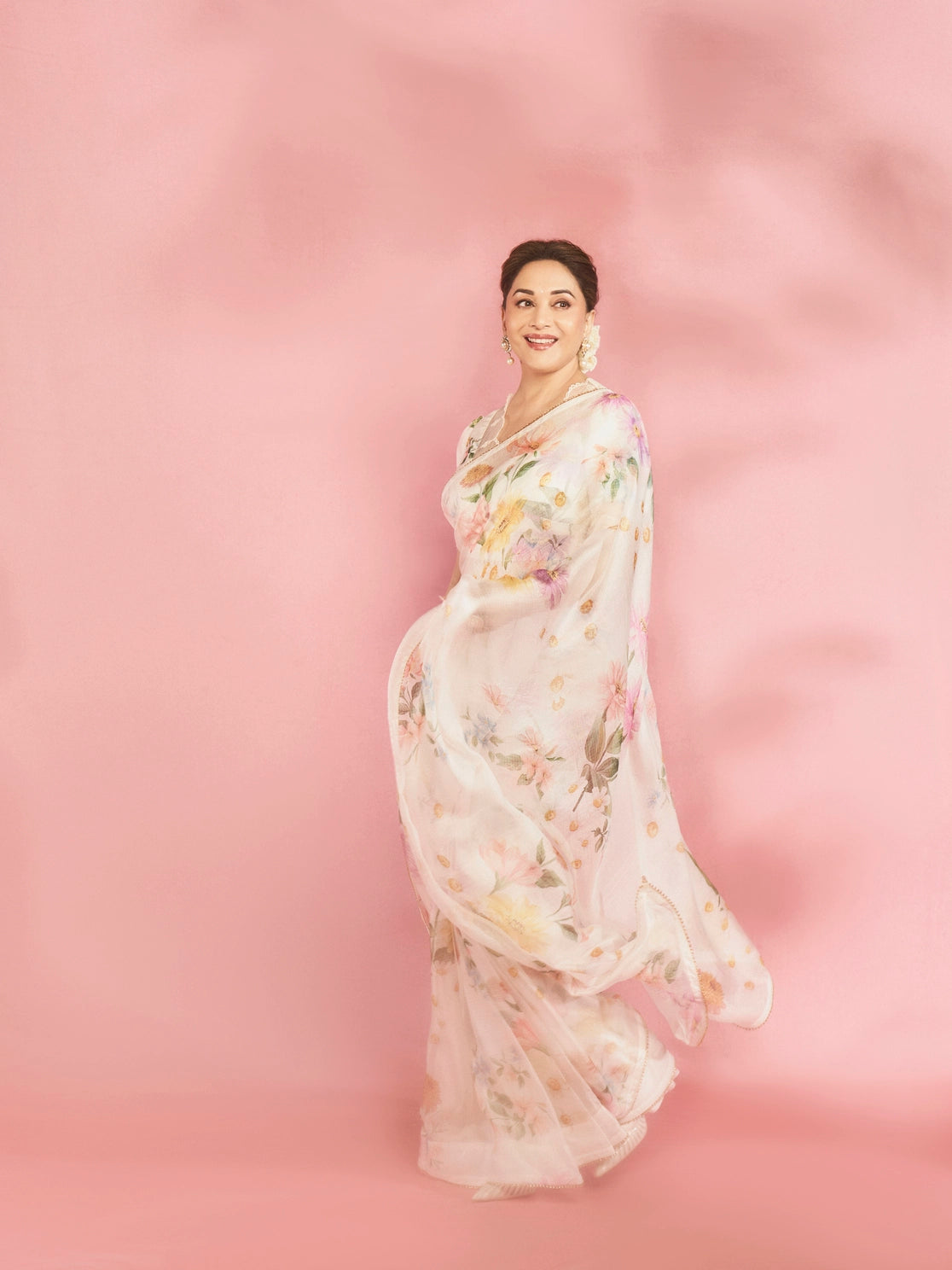 Madhuri Dixit in Chamomile Kota Doria Silk Sari