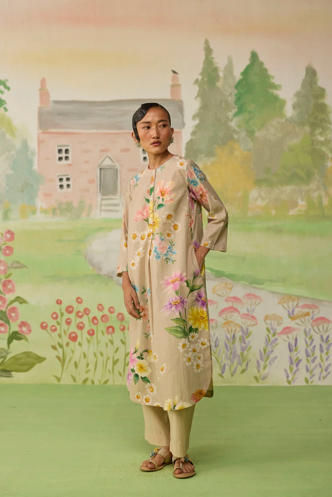Sand Brown Daisy Long Kurta Set