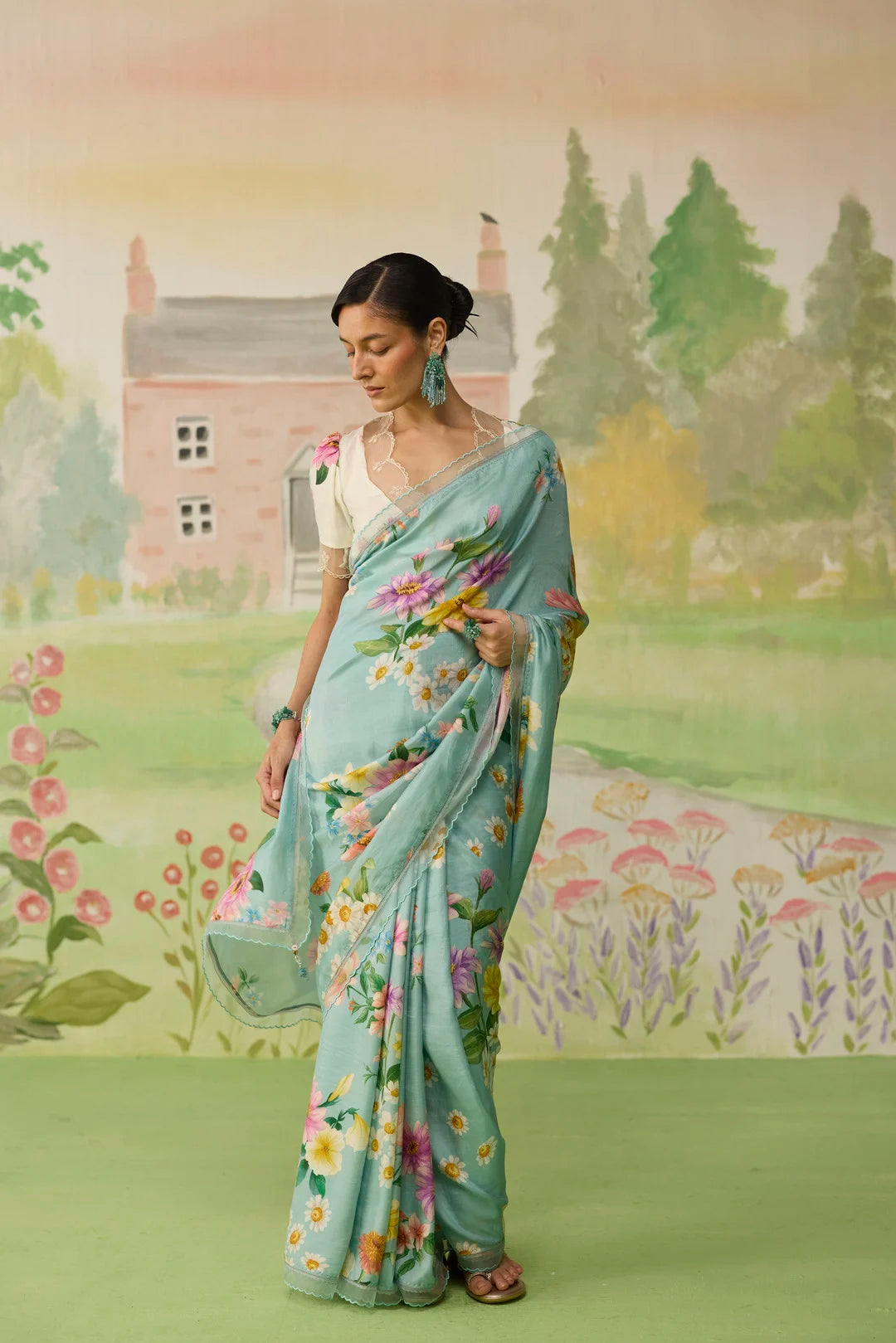 Aqua Daisy Mulberry Silk Sari