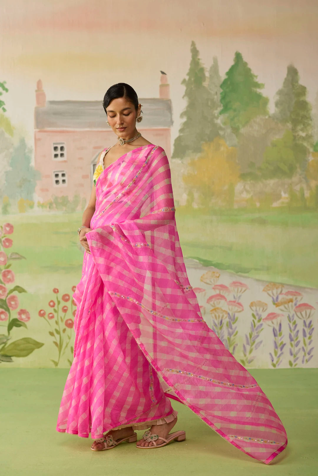 Trellis Pink Kota Doria Silk Lehriya Mothra Sari