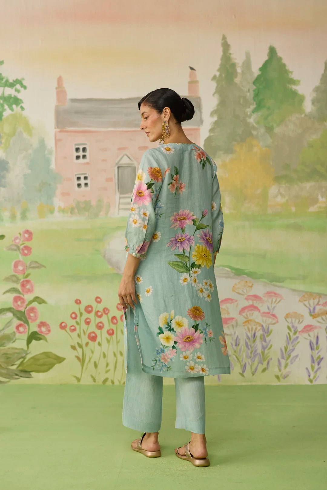 Aqua Daisy Long Kurta Set Linen