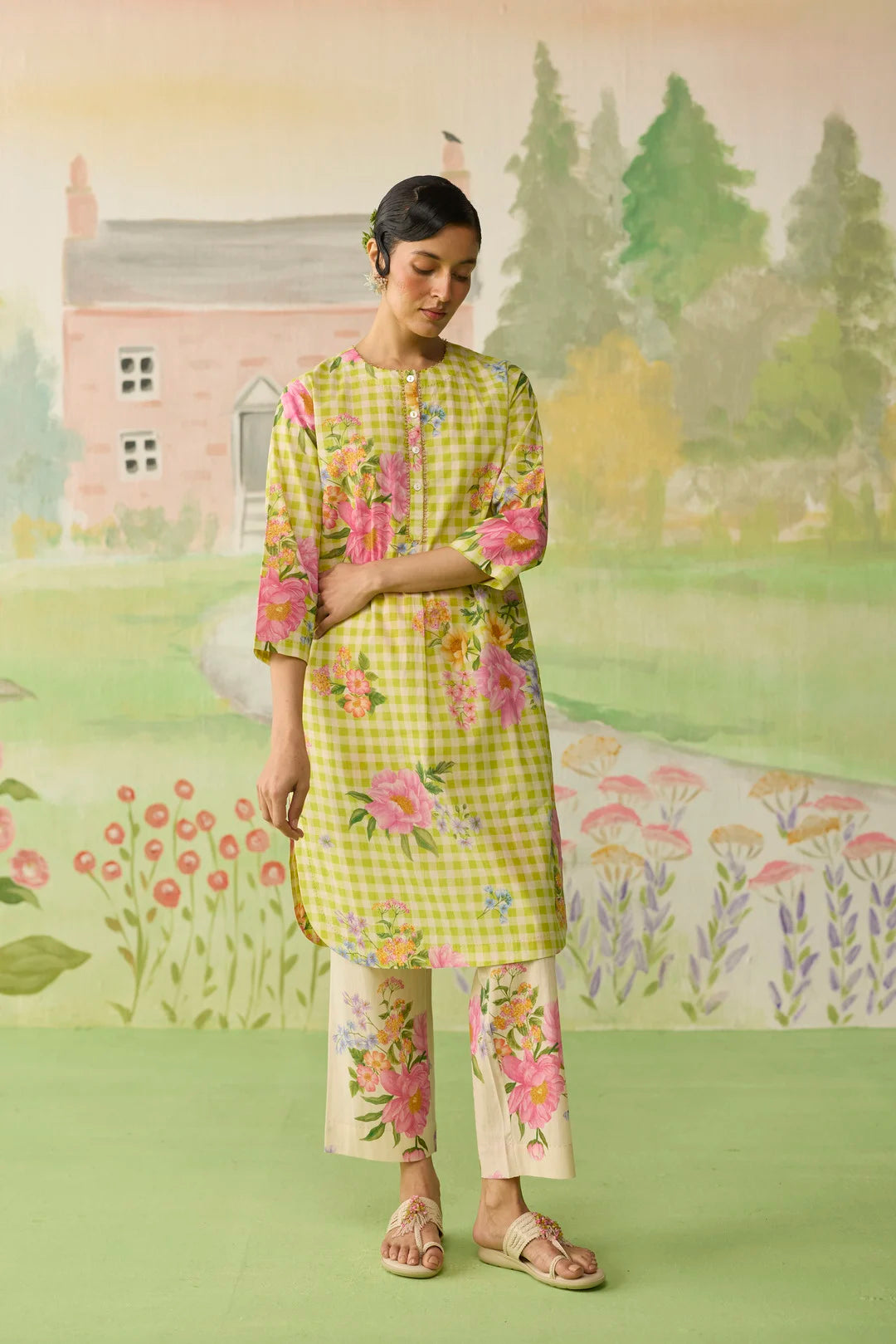 Lime Green Peony Mid Kurta Set