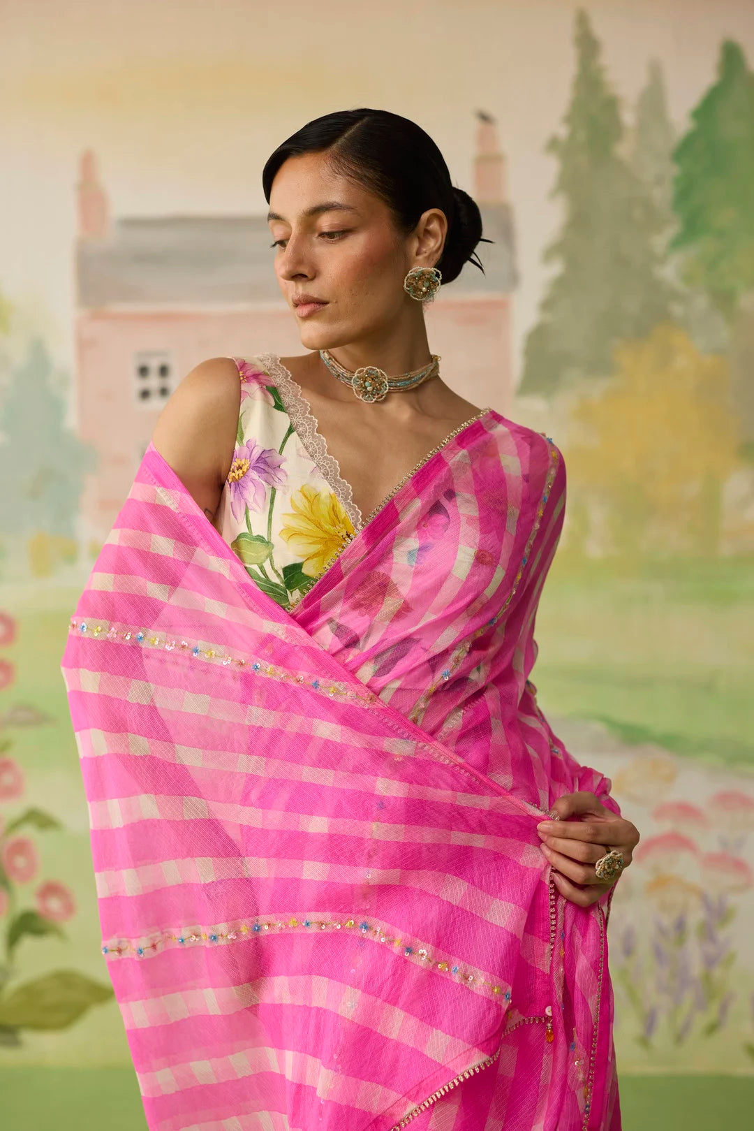 Trellis Pink Kota Doria Silk Lehriya Mothra Sari