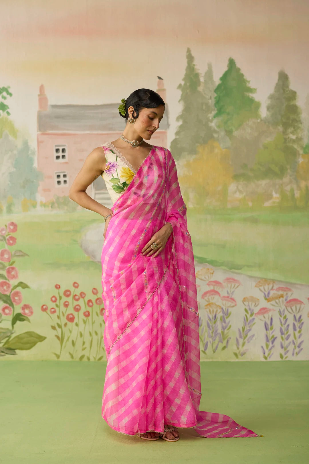 Trellis Pink Kota Doria Silk Lehriya Mothra Sari
