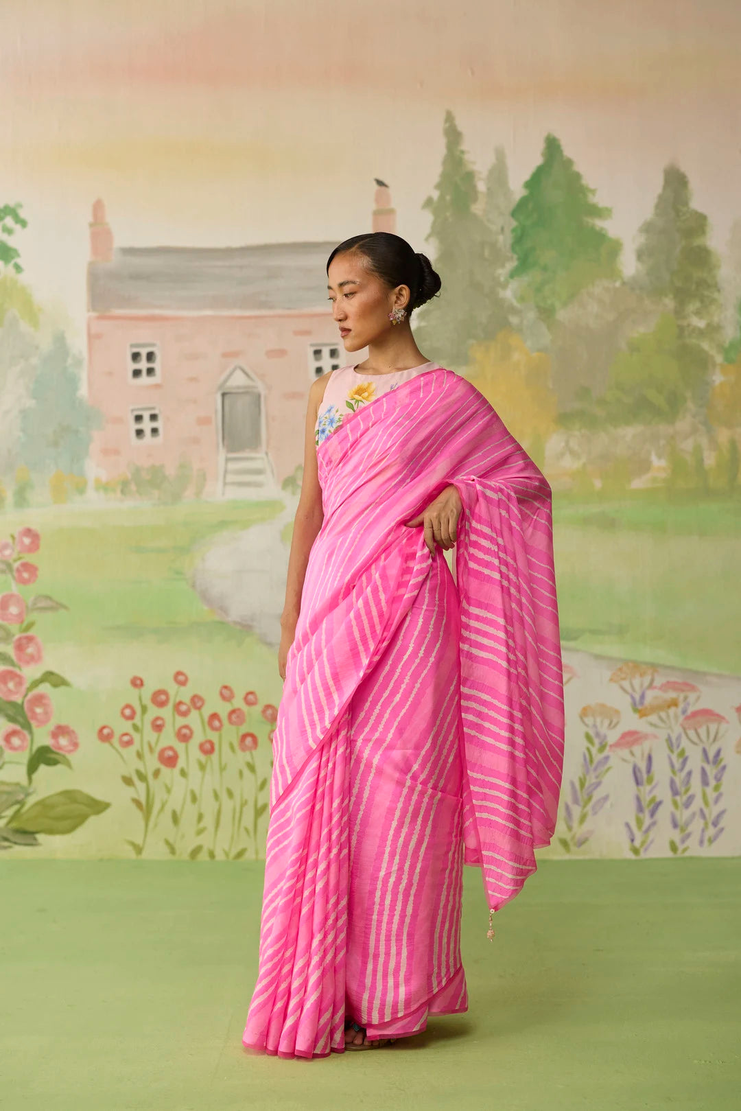 Blush Habutai Silk Lehriya Mothra Sari
