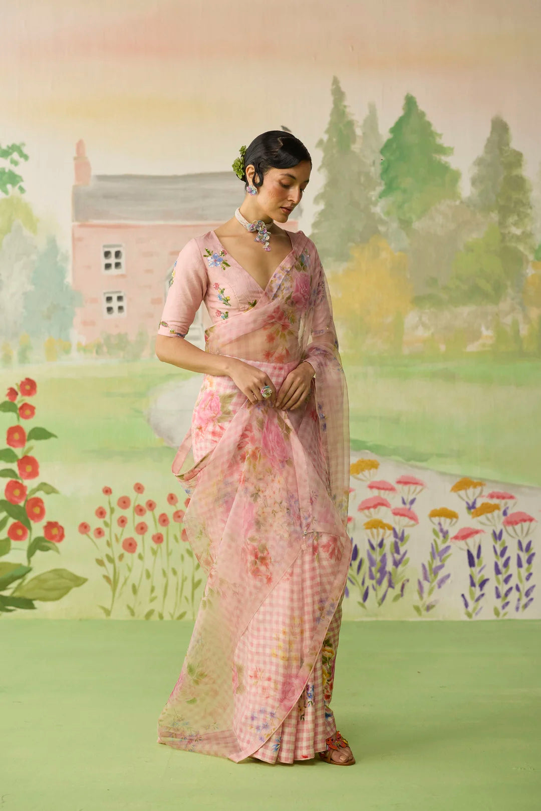 Wild Rose Mulberry Silk and Silk Organza Sari