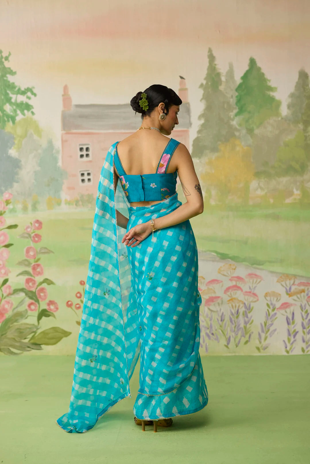 Trellis Blue Kota Doria Silk Lehriya Mothra Sari