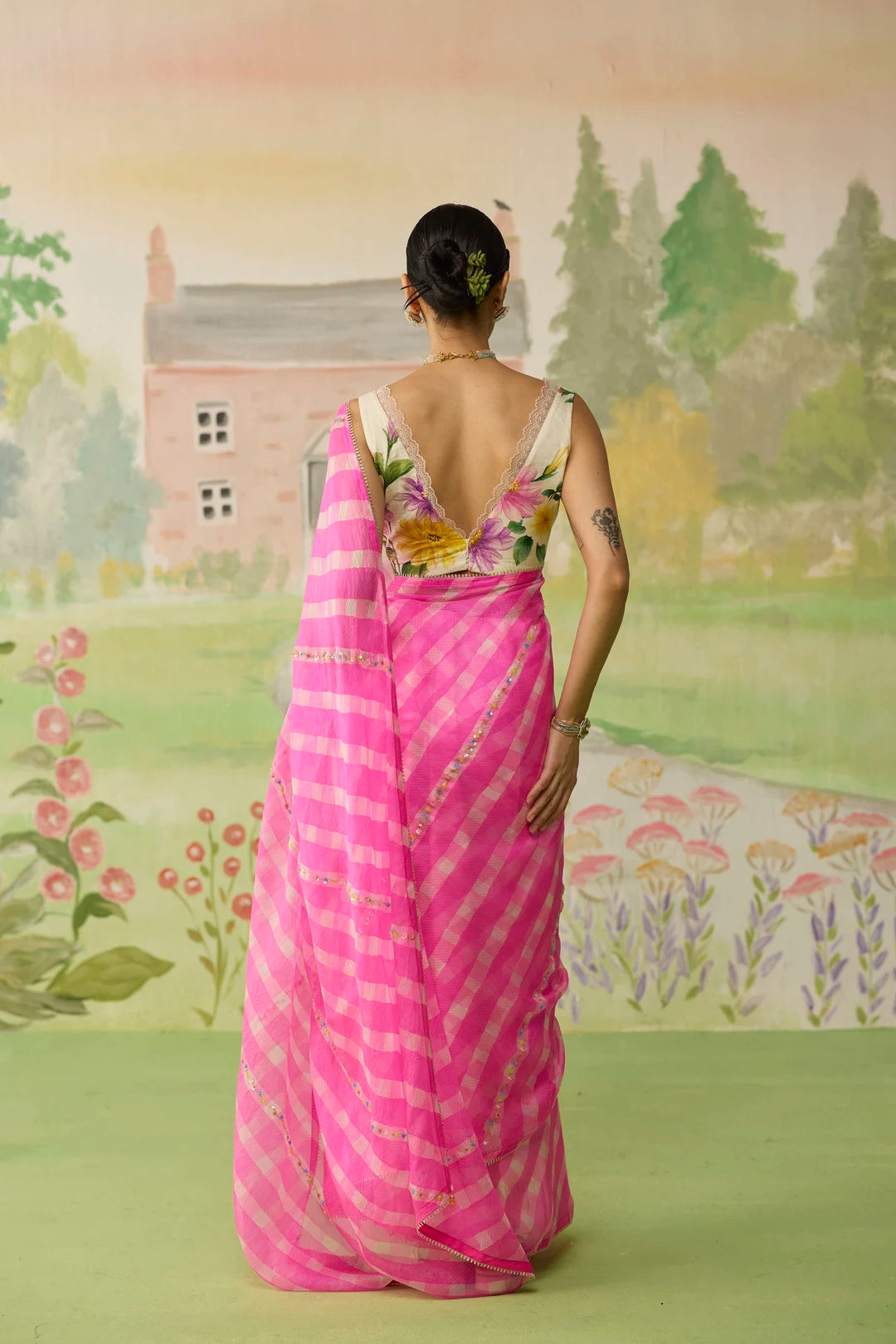 Trellis Pink Kota Doria Silk Lehriya Mothra Sari