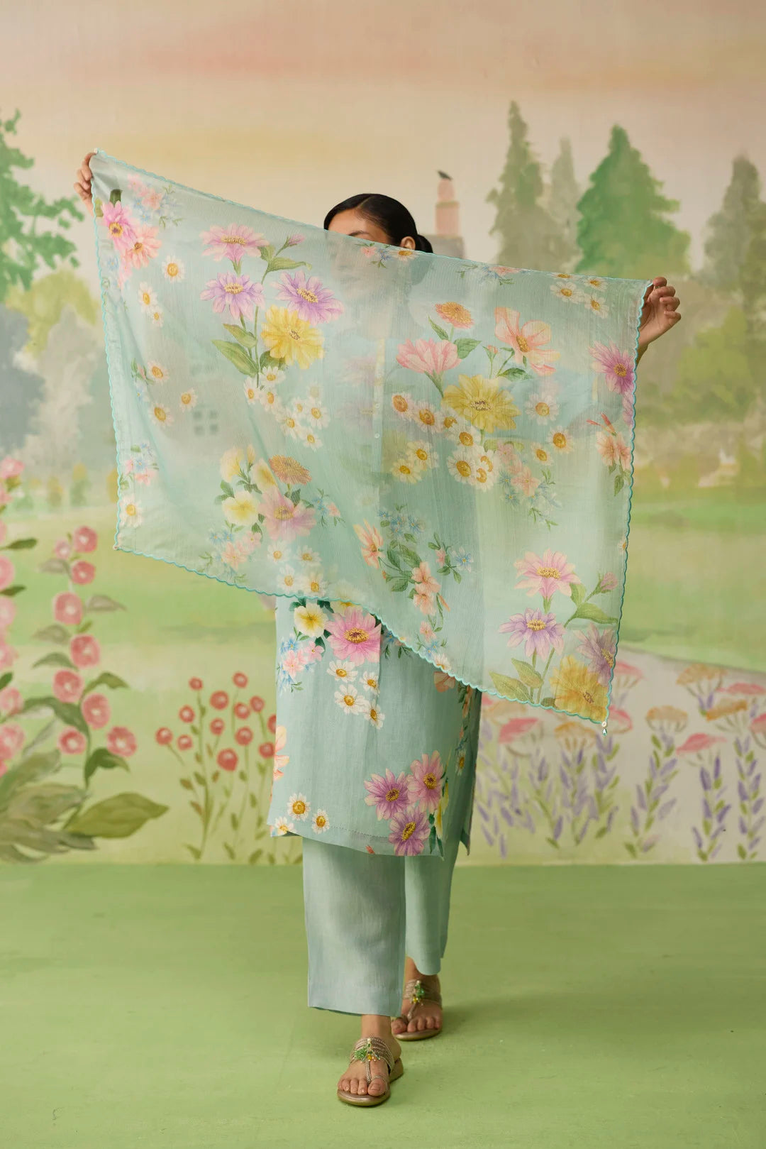 Aqua Daisy Kota Doria Silk Scarf