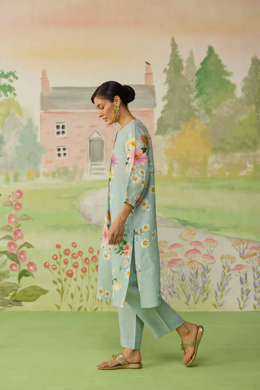Aqua Daisy Long Kurta Set Linen
