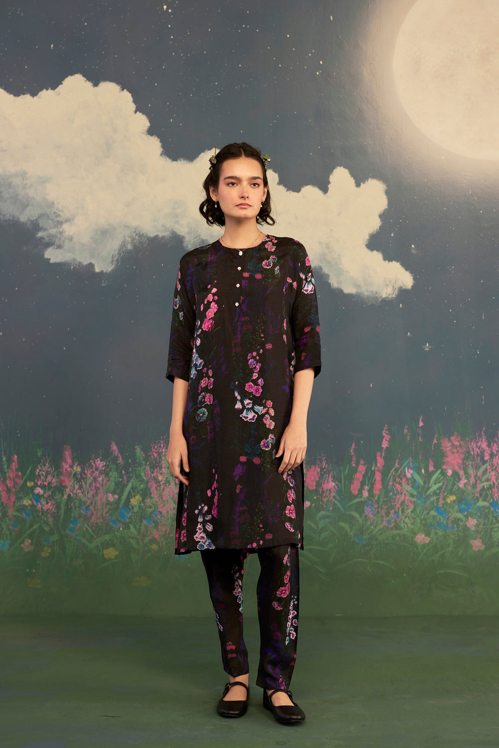 Foxglove Panelled Mid Kurta Set Bamboo Silk