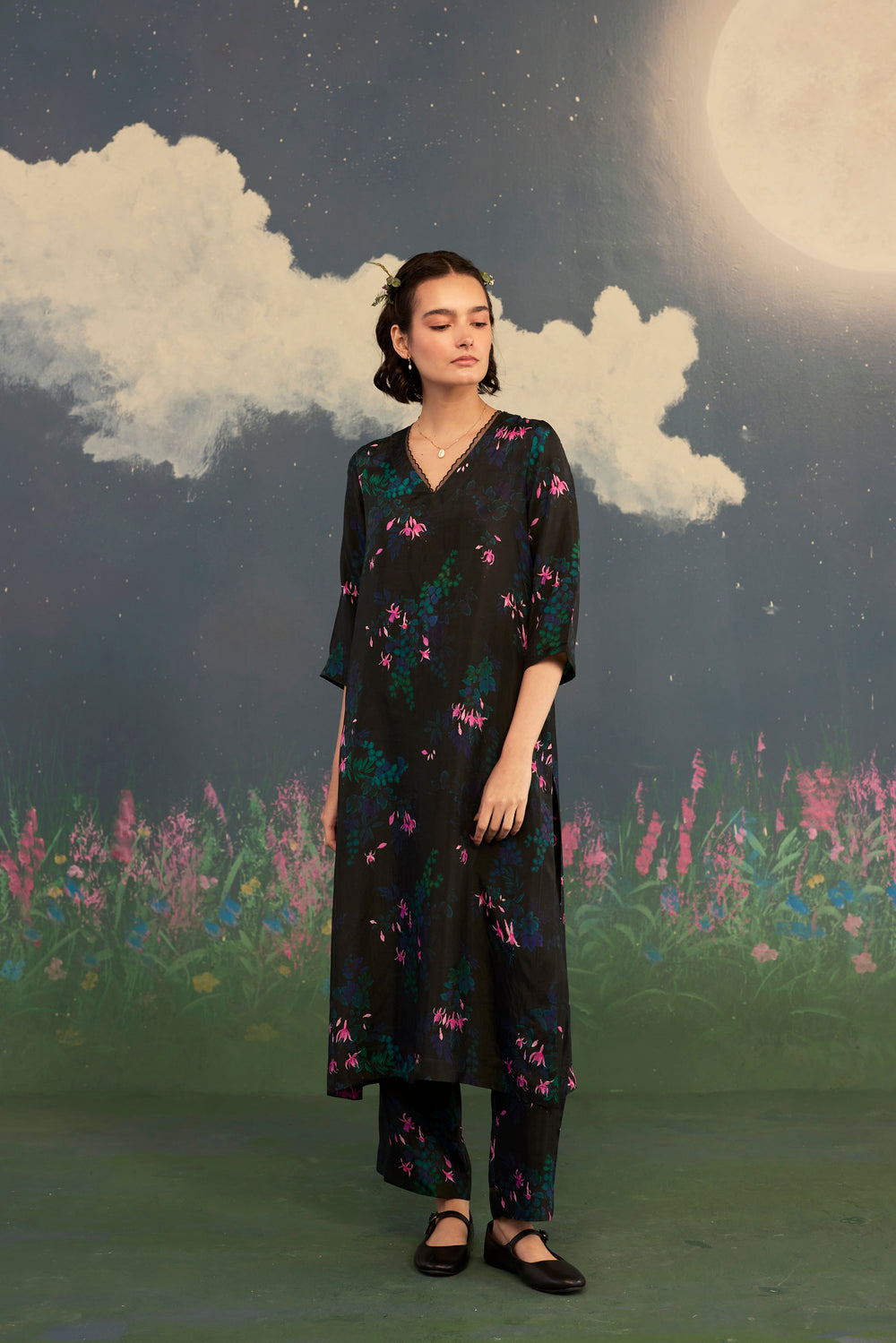 Fuchsia Citrus Long Kurta Set Bamboo Silk