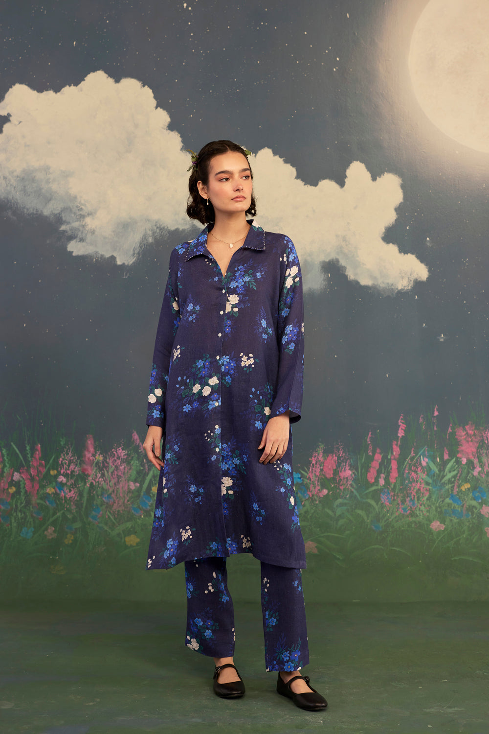 Blue Morning Glory Long Shirt Kurta Set Linen