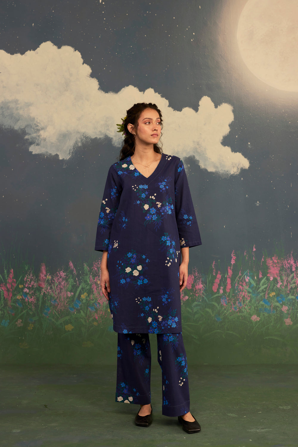 Blue Morning Glory Short Kurta Set V Neck Cotton