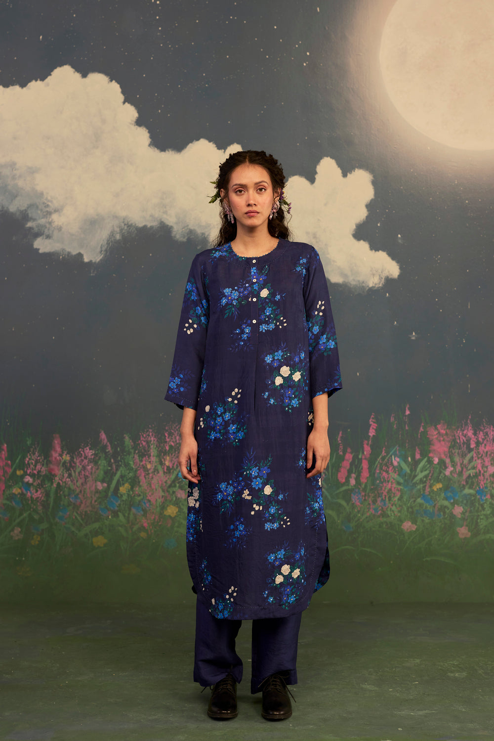 Blue Morning Glory Mulberry Silk Long Kurta Set