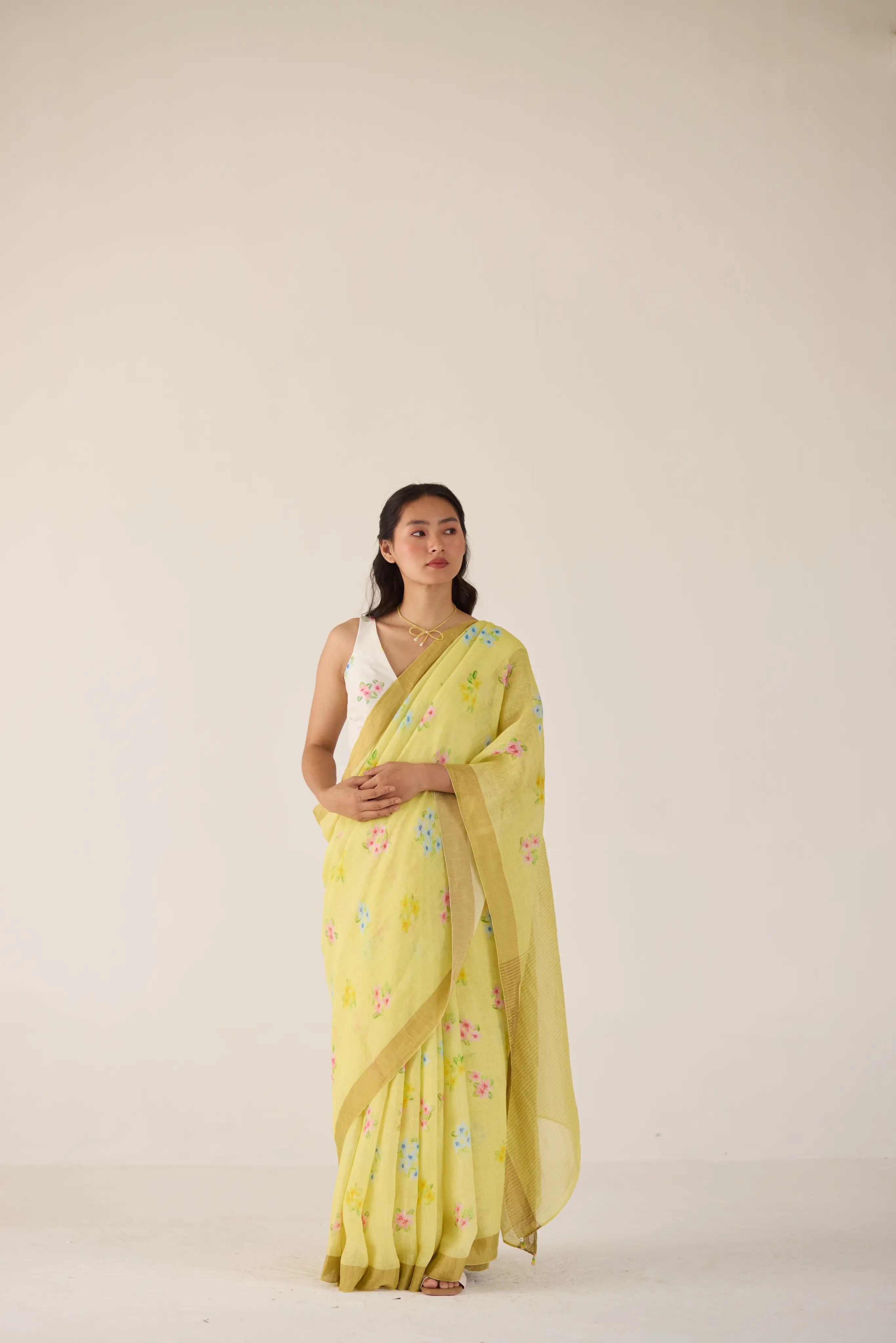 Periwinkle Linen Yellow Sari