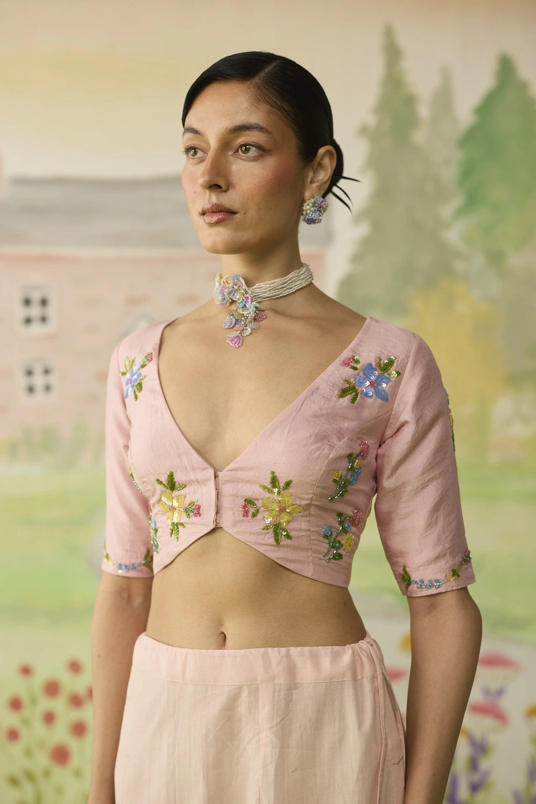 Rose water Blouse Deep V Sleeves