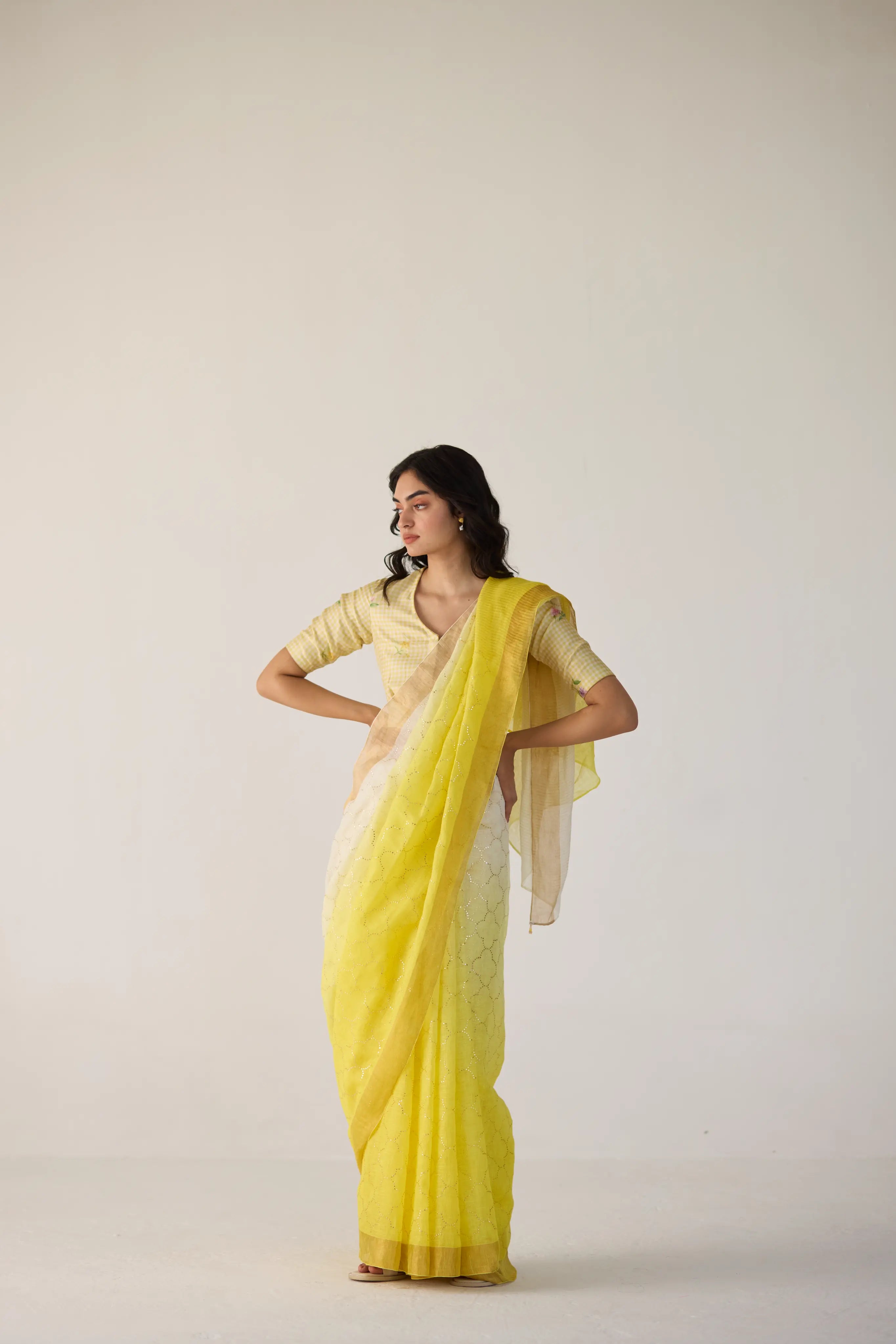 Yellow Ombre Linen Sari with Gold Dot Print