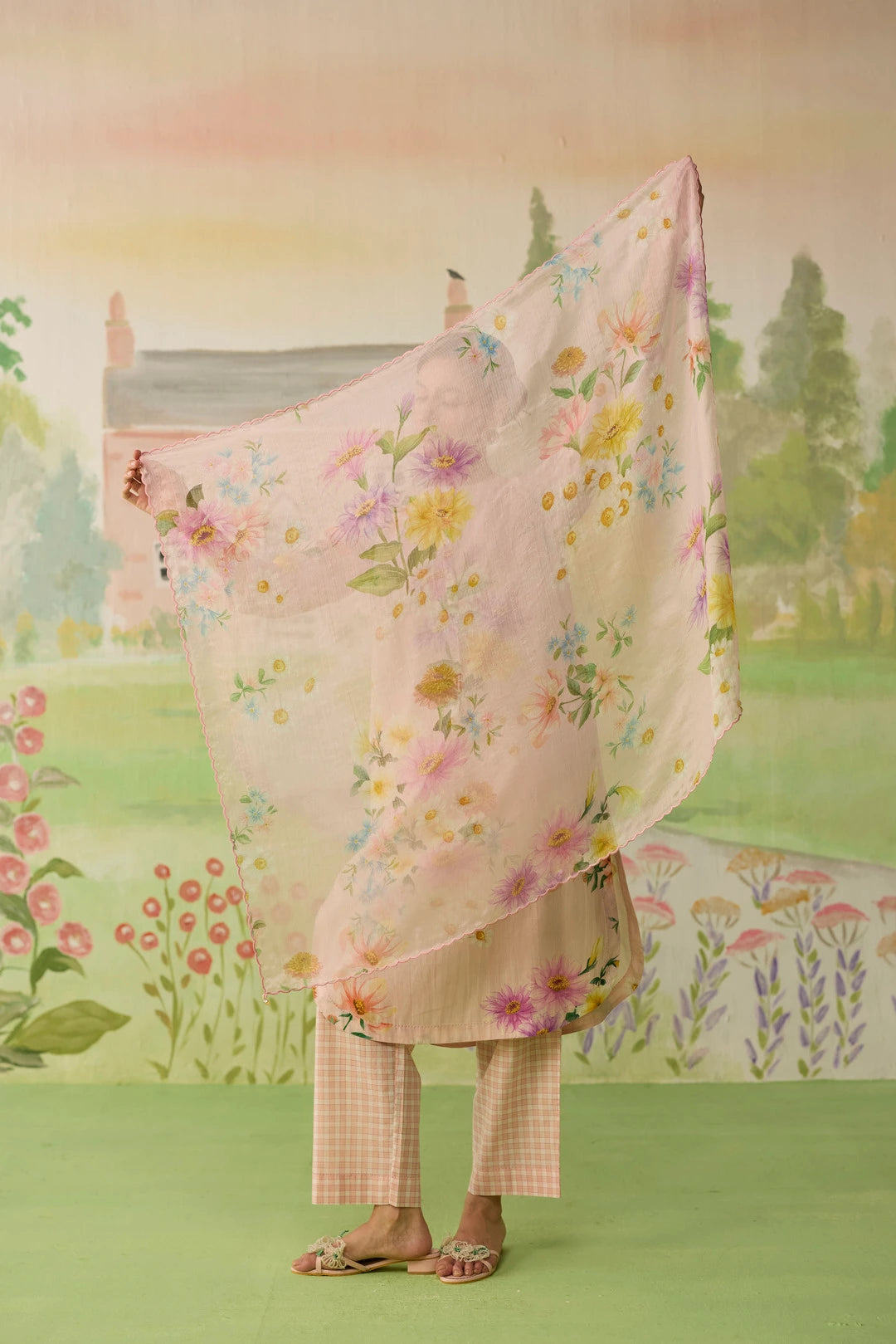 Pink Daisy Kota Doria Silk Scarf