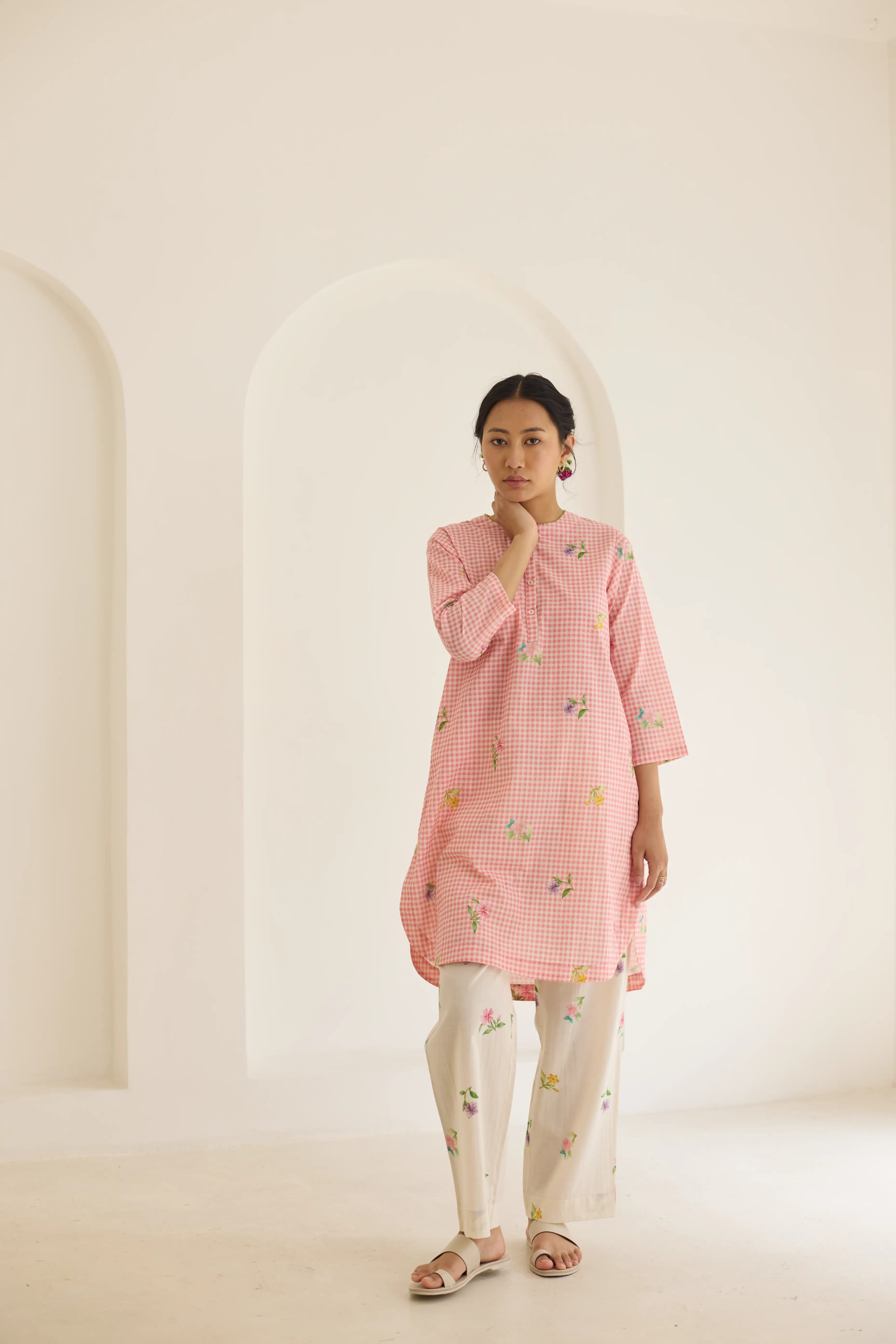 Pink Checks, Mallow Pants Short Kurta Set