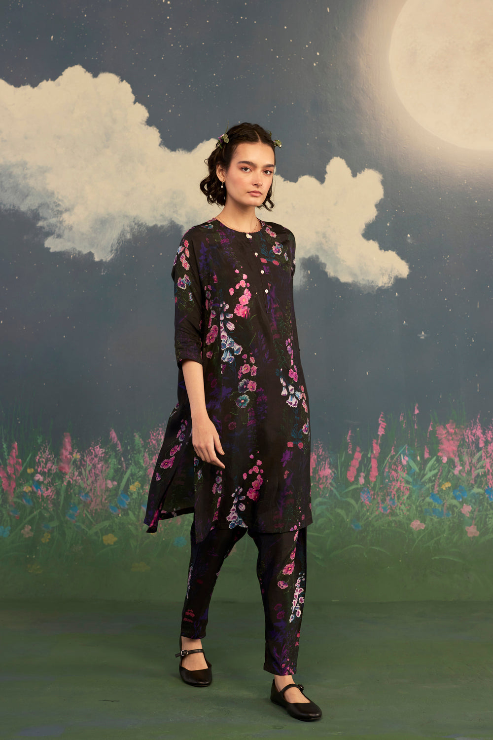 Foxglove Panelled Mid Kurta Set Bamboo Silk