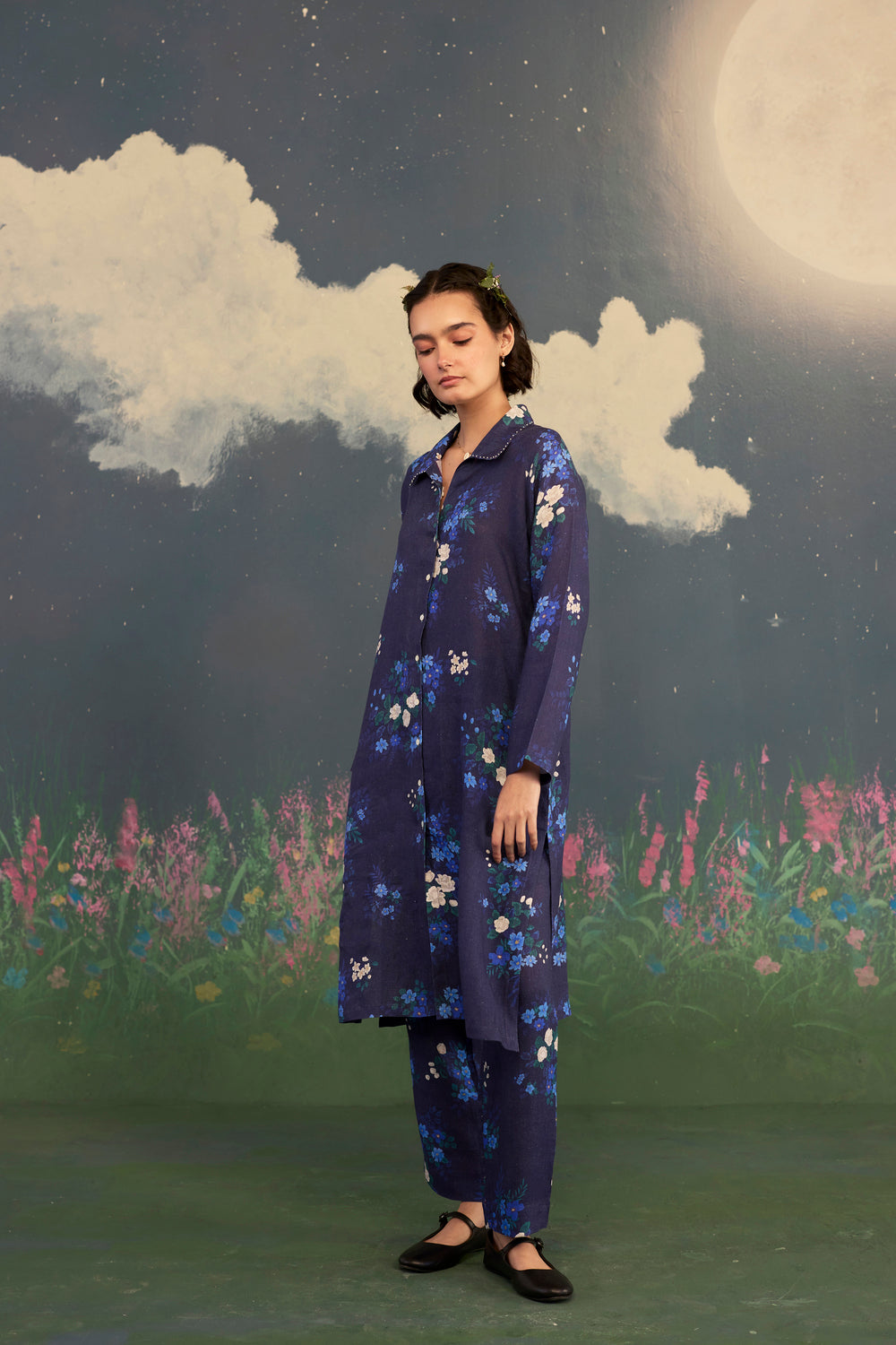 Blue Morning Glory Long Shirt Kurta Set Linen