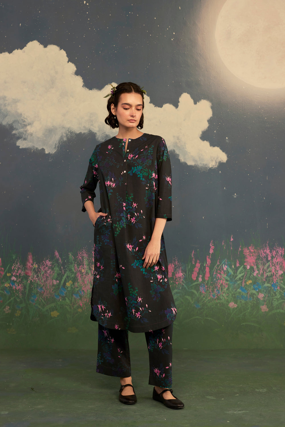 Fuchsia Long Kurta Set Cotton