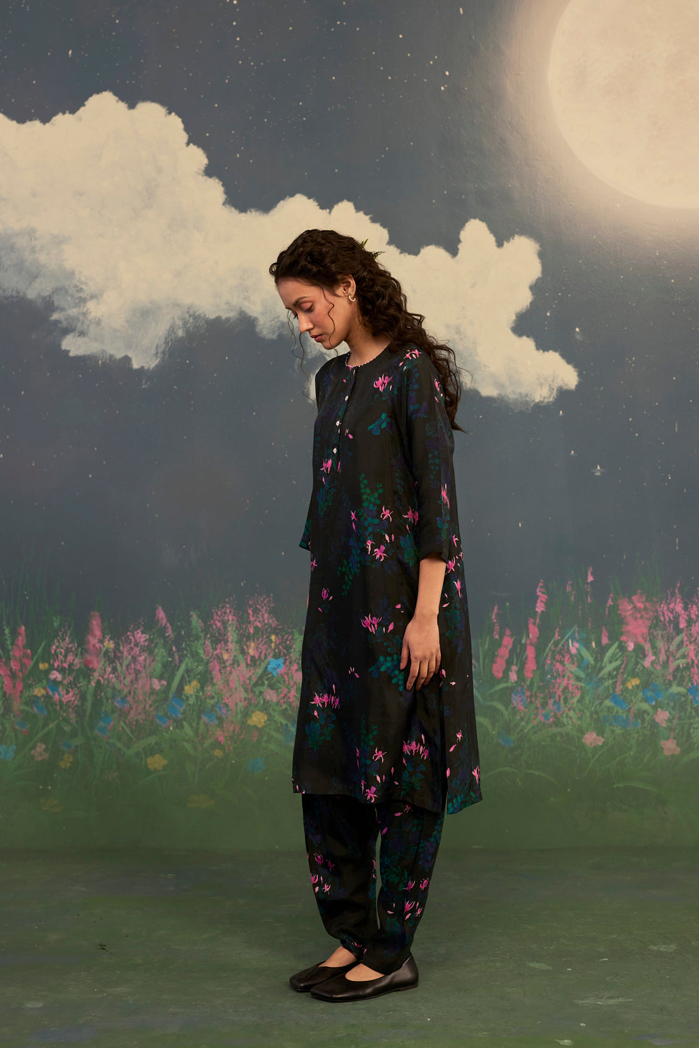 Fuchsia Panelled Mid Kurta Set Bamboo Silk