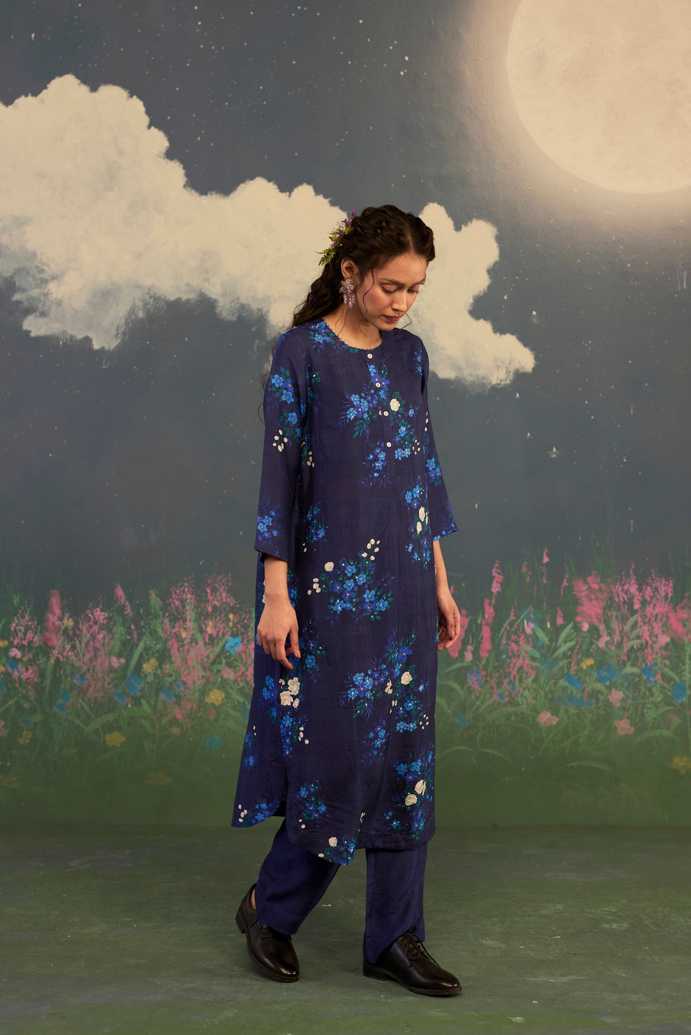 Blue Morning Glory Mulberry Silk Long Kurta Set