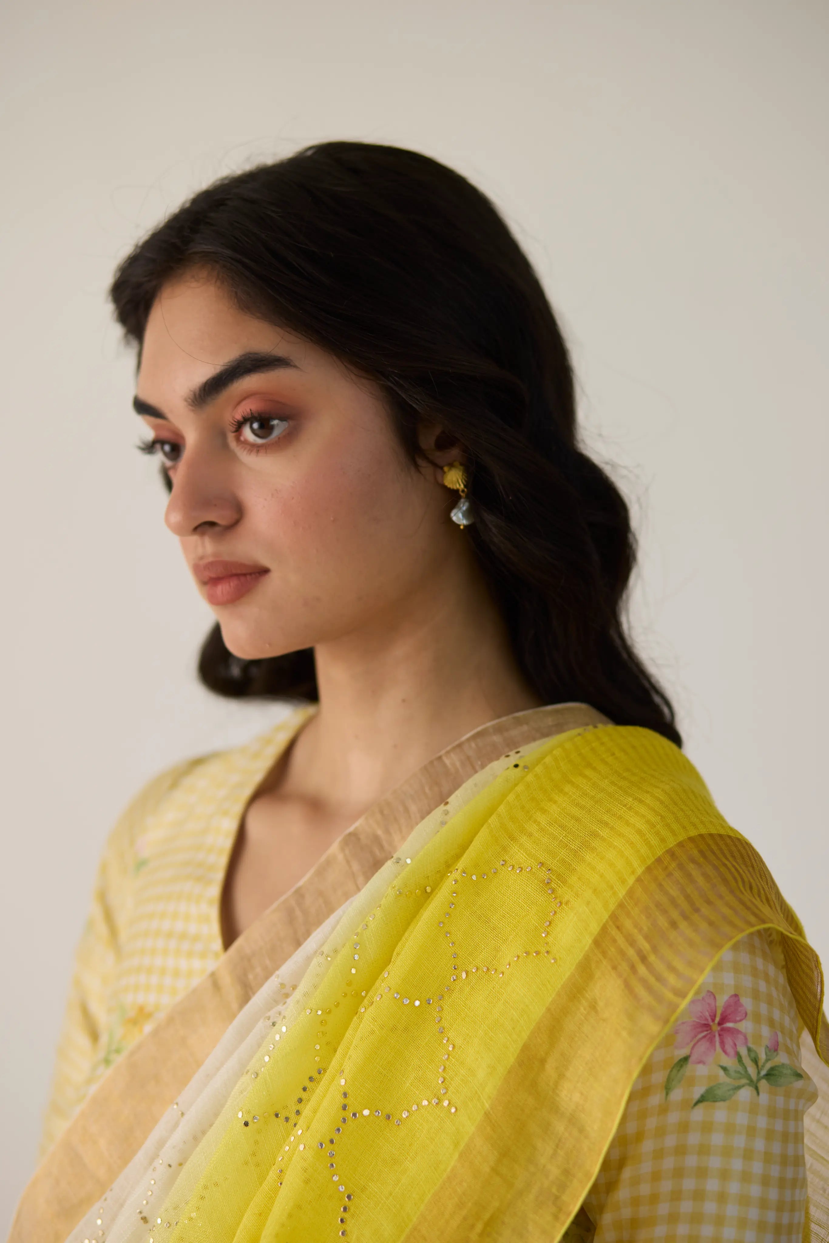 Yellow Ombre Linen Sari with Gold Dot Print