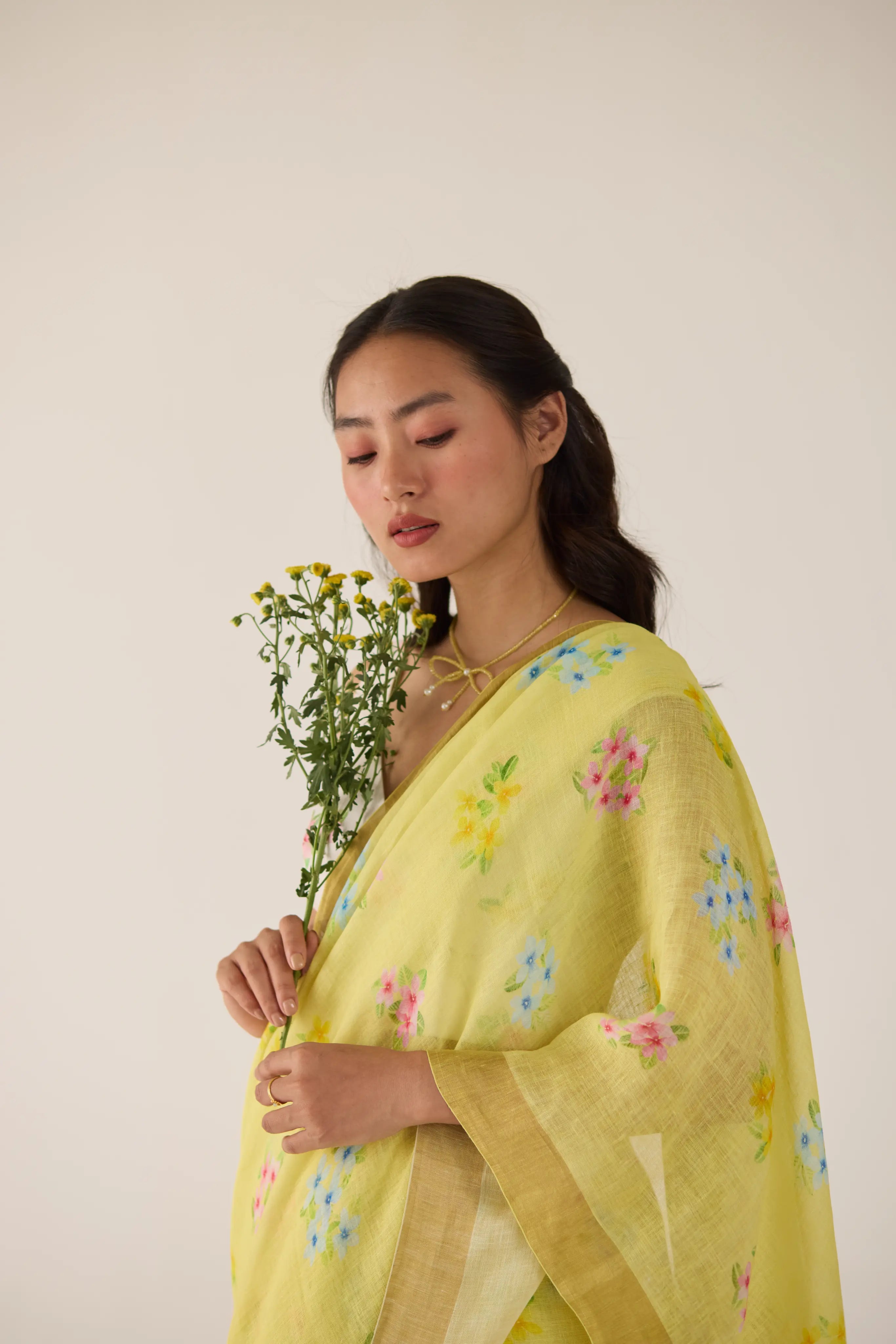 Periwinkle Linen Yellow Sari