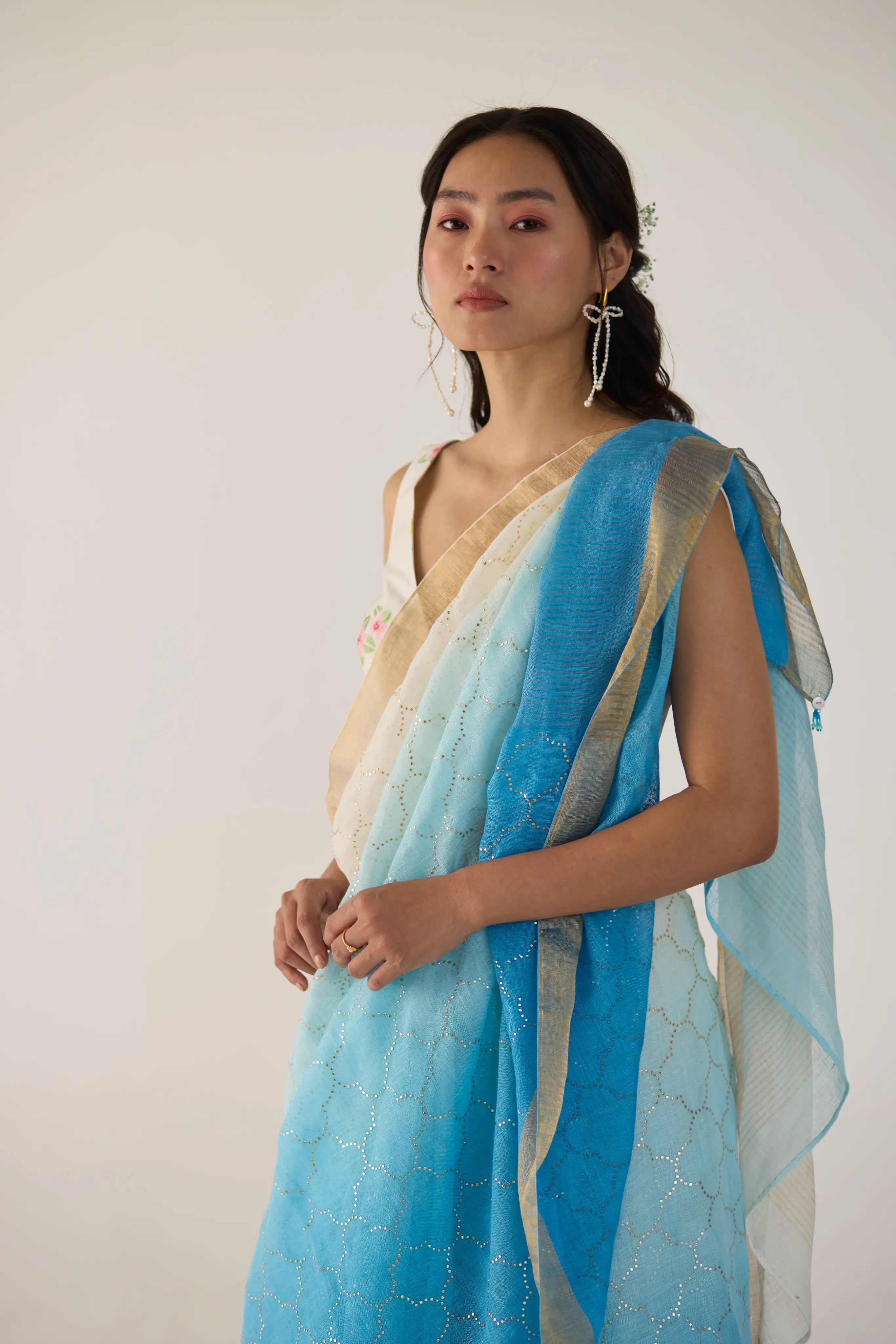 Blue Ombre Linen Sari with Gold Dot Print