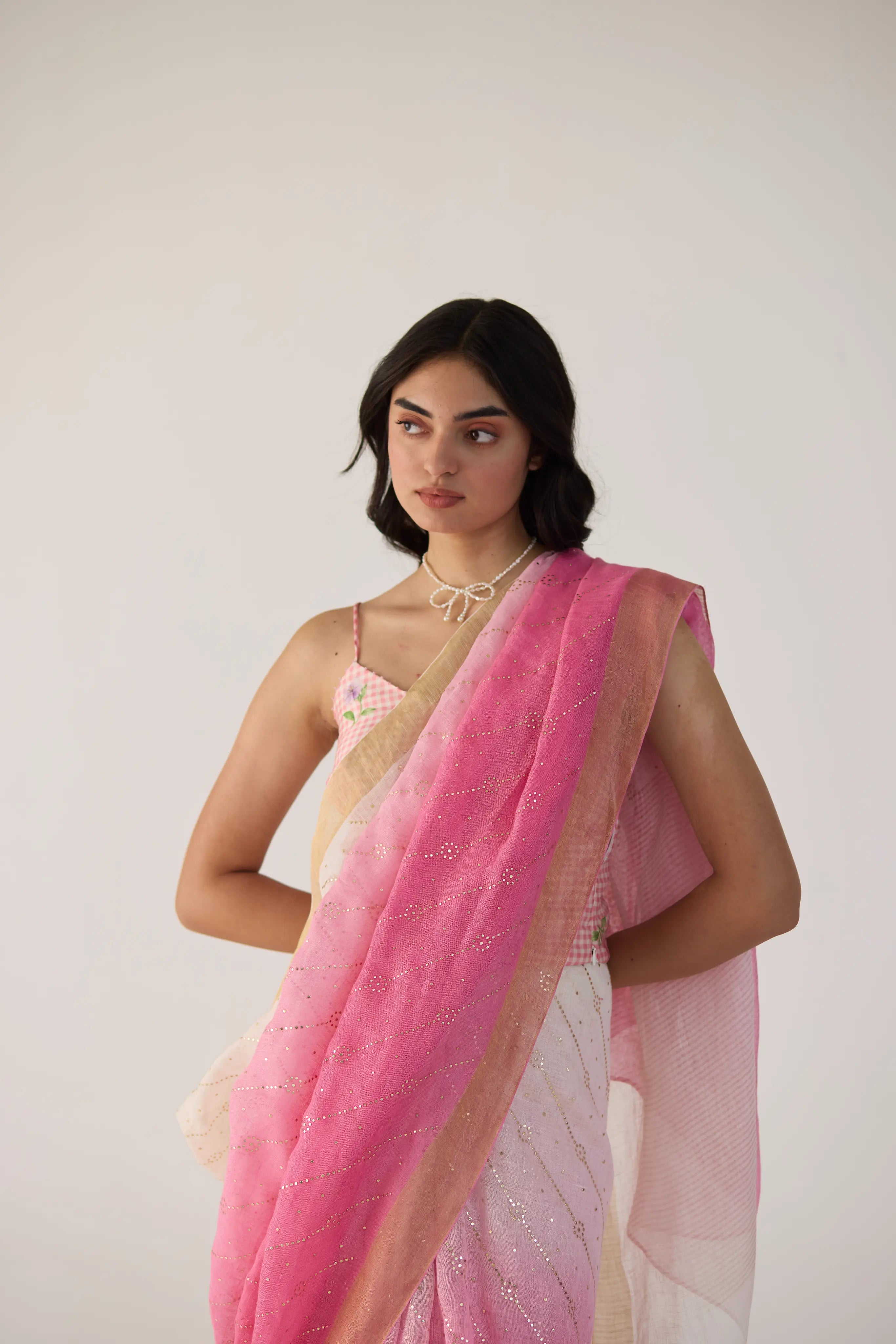 Pink Ombre Linen sari with Gold Dots Print