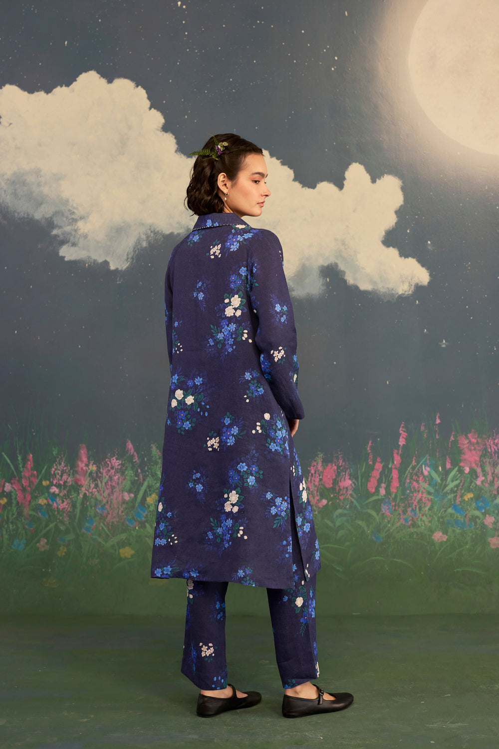 Blue Morning Glory Long Shirt Kurta Set Linen