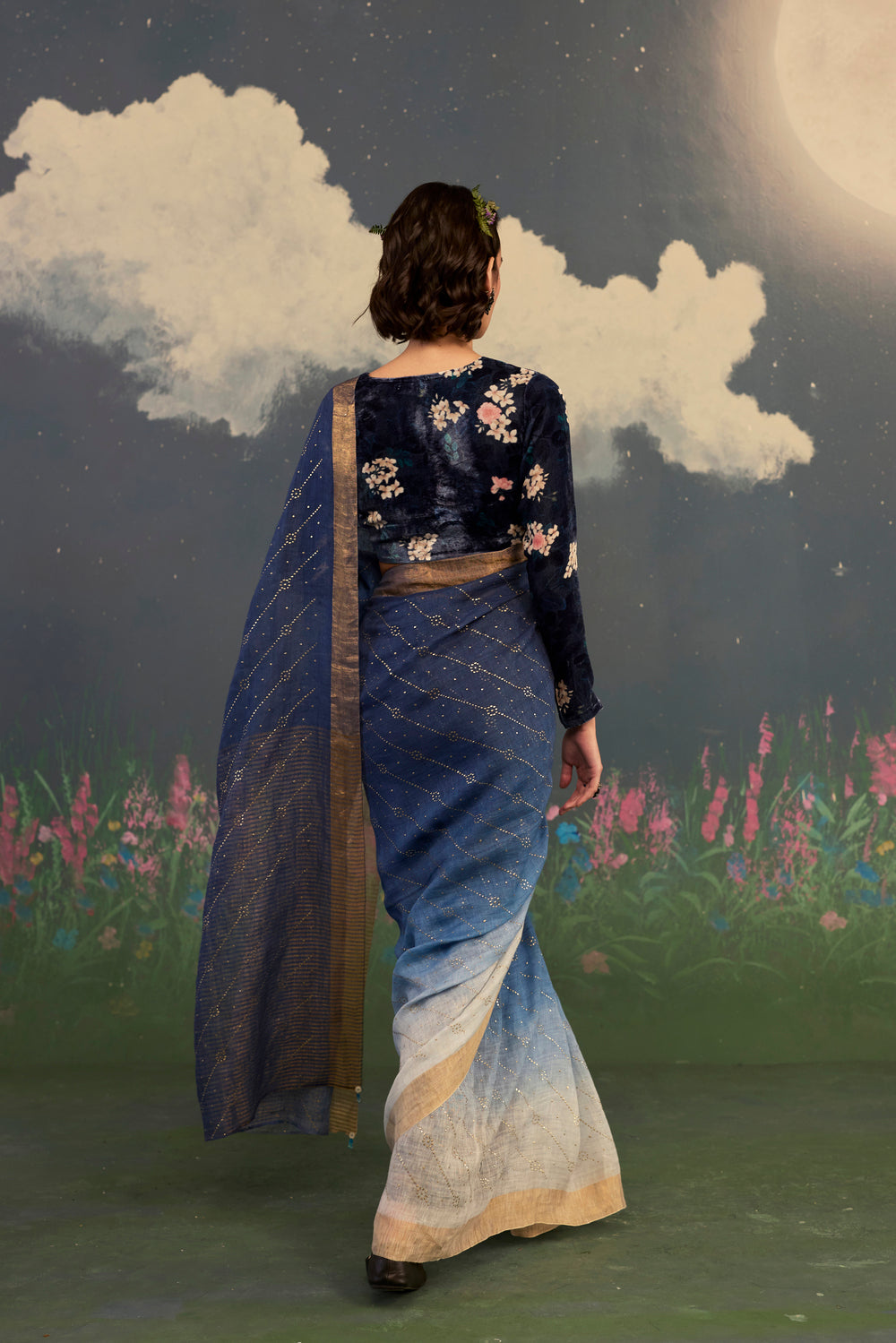 Midnight Ombre Linen Sari with Gold Dots