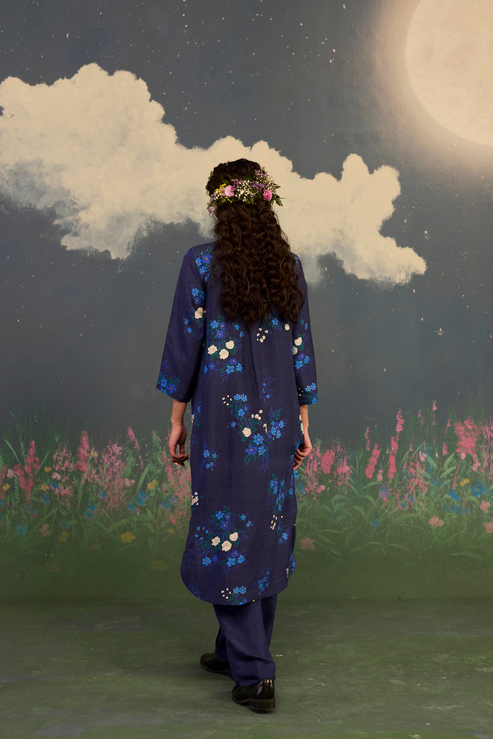 Blue Morning Glory Mulberry Silk Long Kurta Set