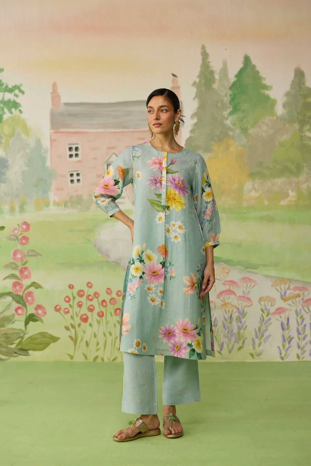 Aqua Daisy Long Kurta Set Linen
