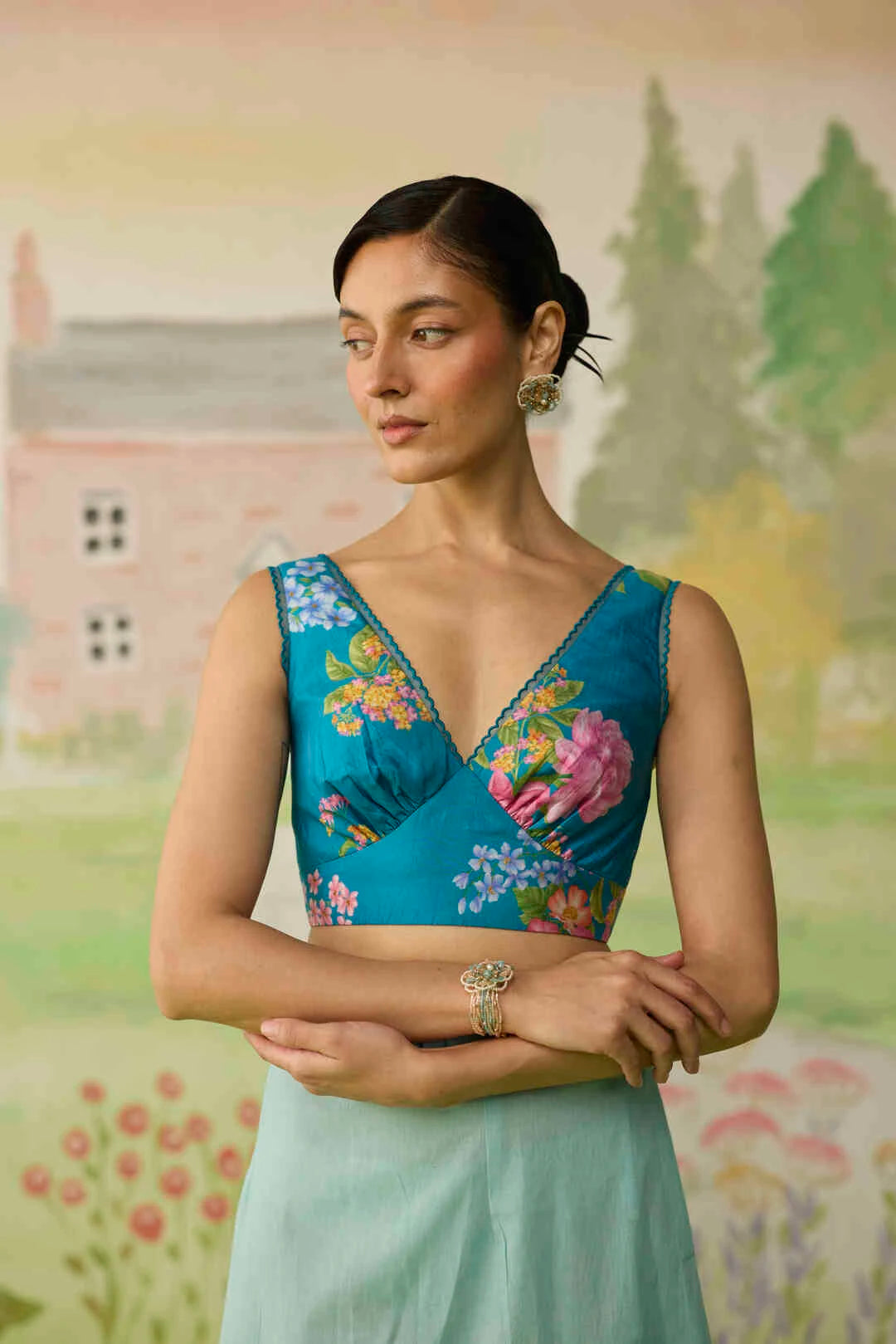 Teal Blouse Deep V Sleeveless