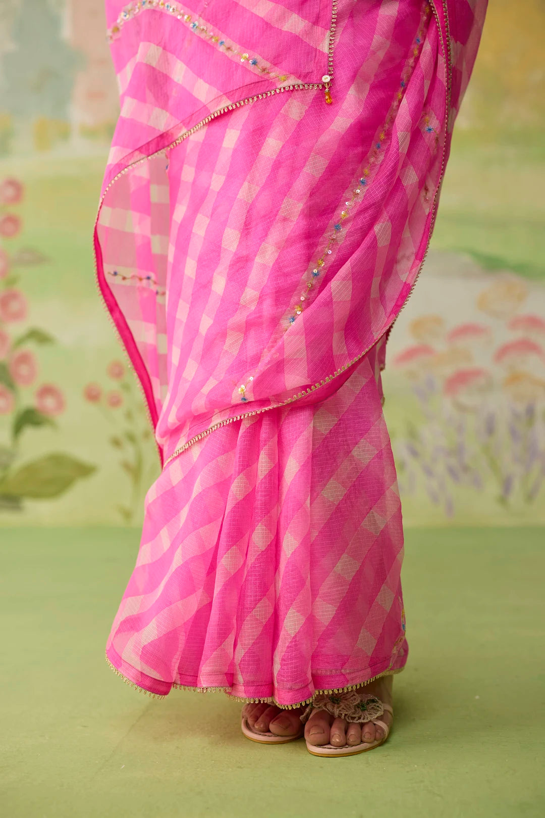 Trellis Pink Kota Doria Silk Lehriya Mothra Sari