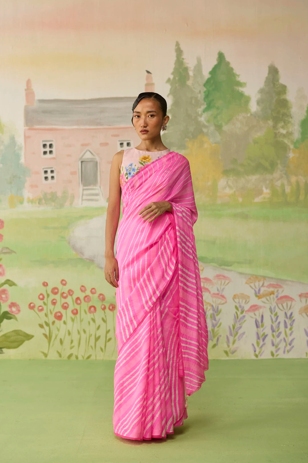 Blush Habutai Silk Lehriya Mothra Sari