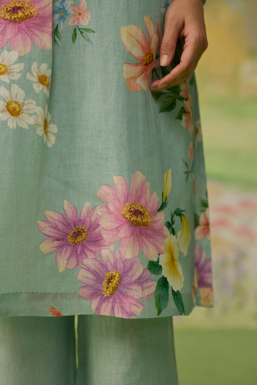 Aqua Daisy Long Kurta Set Linen